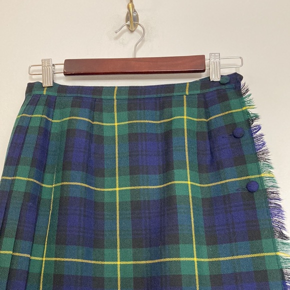 Vintage Kilt Womens XS Gordon Tartan Plaid Blue Green Wool Pleated Midi Skirt - Picture 3 of 9